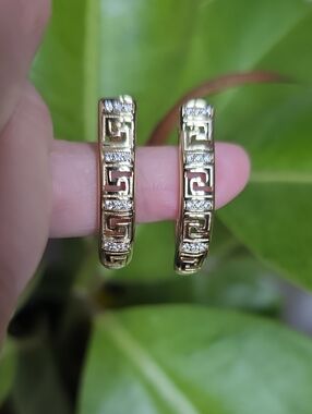 14k Gold Plated Greek Key Hoop Earrings with Crystals - Women Jewelry